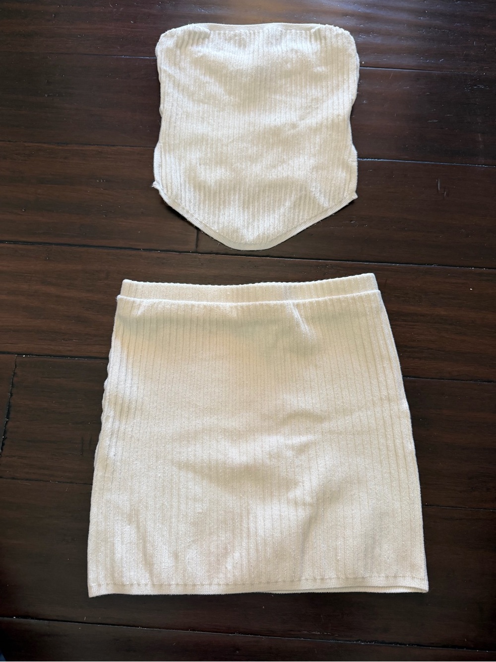 White Fox Boutique Cream Ribbed Strapless Tube Top & Mini Skirt Set